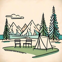 Fototapeta premium A drawing of a tent and chairs in a forest.