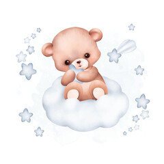 Watercolor Illustration Teddy Bear on the cloud with stars