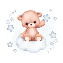 Watercolor Illustration Teddy Bear on the cloud with stars