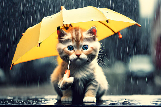 A picture of a cat holding an umbrella on a rainy day. Generative AI