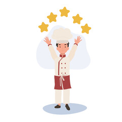 Kid Chef with 5 Stars. Young Gourmet Chef Celebrating 5-Star Review