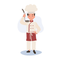 Young Kid Chef Tasting Food from Dipper. Cute Child Chef Sampling Delicious Cuisine