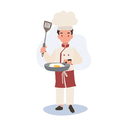 Child Chef Prepares a Delicious fried egg. Kid Chef Cooking with Frying Pan