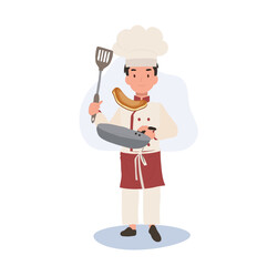Kid Chef Cooking with Frying Pan, Tossing Pancake.Junior Culinary Talent