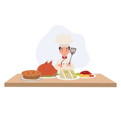 Cute Young confident  Chef Surrounded by Gourmet Dishes