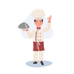 Adorable Child Chef in Chef Hat Doing OK Hand Sign. Flat vector cartoon illustration
