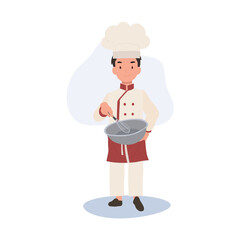 Cute Little Chef with Apron and Mixing Bowl. Flat vector cartoon illustration
