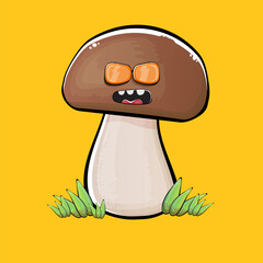 Cartoon mushroom characters isolated on orange background. Funky boletus character with eyes and mouth. Vector white mushroom with brown cap clip art, emoji, label and sticker