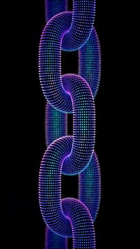 3D chain links made of neon glowing particles moving up on black background. Abstract concept of blockchain technology, cryptocurrency security or crypto investment. Looped vertical digital animation