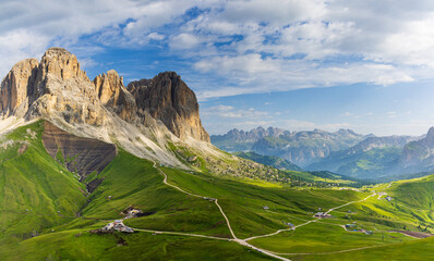 A panoramic view of the Dolomites and the countryside into Val di Fassa