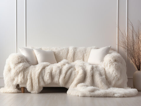 Cozy cute sofa with white furry sheepskin fluffy throw and pillows against wall with copy space. Hygge, scandinavian home interior design of modern living room.