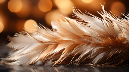 Christmas background. Feathers, christmas lights on blur background