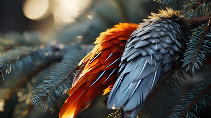 Obraz premium Christmas background. Feathers, christmas lights on blur background