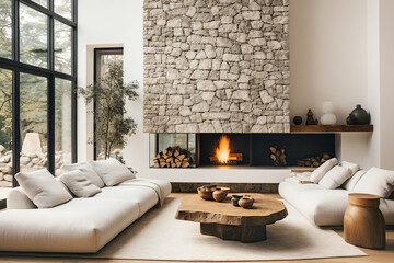 Fototapeta premium Wooden live edge accent coffee table between white sofas by fireplace in stone cladding wall. Minimalist style home interior design of modern living room in villa.
