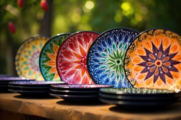 hand-painted decorative ceramic dinner plates lined up
