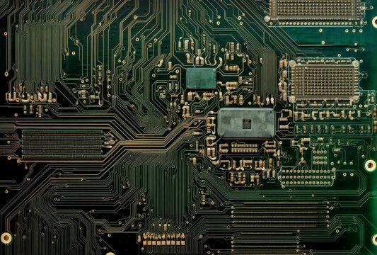 Electric board topview. Circuit green texture with tech processor. Generate Ai