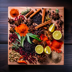 Aromatic flavors and fragrances of various spices and herbs presented in bowls on a rustic dark wooden background.