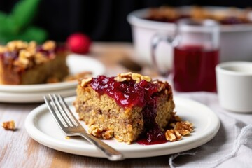 Naklejka premium baked oatmeal with walnuts and raspberry jam