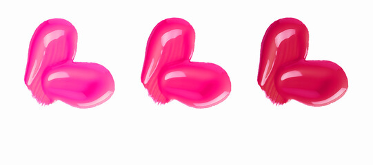 Set of hearts from liquid lipstick in pink and red colours isolated on white background. Lipstick smear smudge texture different hue colors isolated on white background. Template swatch set. - obrazy, fototapety, plakaty