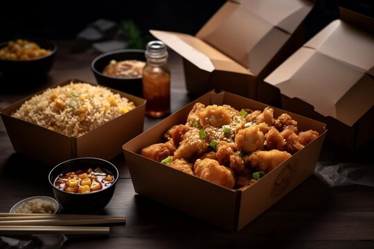 chinese take out with fried rice and chicken, street food, truck, generative ai