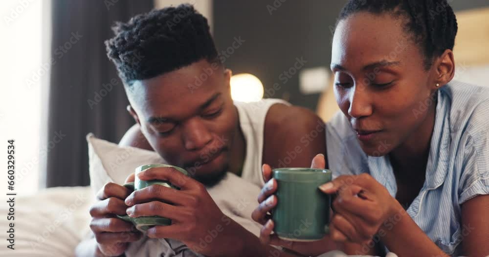 Poster Love, coffee and relax with a black couple in the bedroom of their home together to wake up in the morning. Smile, drink or caffeine with a happy man and woman in bed for bonding in their apartment