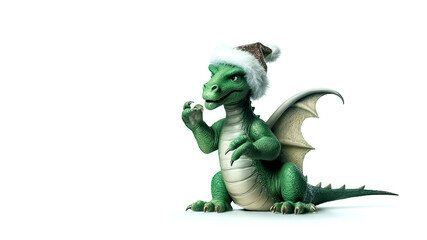 green dragon in Santa Claus hat on white isolated background. Cartoon character. Symbol of new year 2024. Generative AI illustration