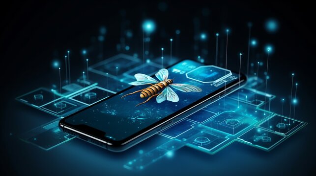 Futuristic Leaning Insects, Butterflies, Bees Polygonal 3d Smartphone Made Of Linear Polygons In Dark Blue Color. Online Entomology, Lepidopterology School App Concept.