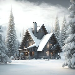 a mountain chalet in the middle of winter surrounded by tall pines 
