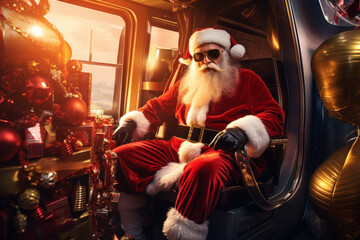 Santa Clause sitting in the helicopter full of Christmas gift boxes. Christmas shopping - obrazy, fototapety, plakaty