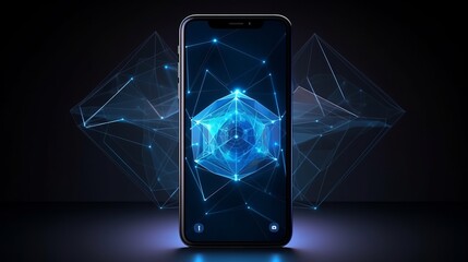 Futuristic communication polygonal 3d smartphone made of linear polygons in dark blue color. Online business, it, network, support, services app concept. - obrazy, fototapety, plakaty