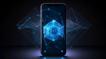 Fotobehang Futuristic communication polygonal 3d smartphone made of linear polygons in dark blue color. Online business, it, network, support, services app concept. © Анастасия Комарова