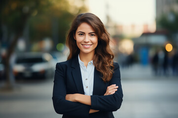 Happy female entrepreneur standing outdoors on the street and looking at the camera