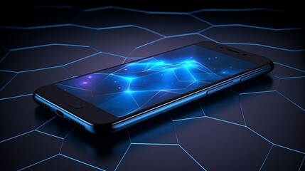 Futuristic communication polygonal 3d smartphone made of linear polygons in dark blue color. Online business, it, network, support, services app concept.
