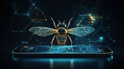 Fotobehang Futuristic leaning insects, butterflies, bees polygonal 3d smartphone made of linear polygons in dark blue color. Online entomology, lepidopterology school app concept. © Анастасия Комарова