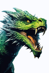 head of angry green dragon on white isolated background. Symbol of the new year 2024. Generative AI illustration