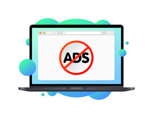 No ads sign. Flat, color, laptop screen, no ads sign, laptop screen, no ads sign. Vector icon