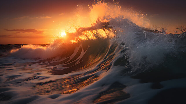 Clean ocean waves rolling in beach on sunset