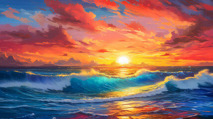 Naklejka na ściany i meble sunset over the sea wave
