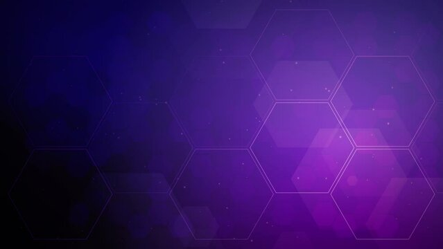 Dark Purple, Pink polygon abstract screensaver. Hexagonal shapes with flying glowing small particles. Futuristic space animation on purple background. Looped motion graphics.