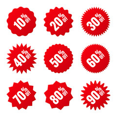 Price tags collection, special offer or shopping discount label with percent, discount percentage value. Red turned retail paper sticker. Promotional sale badge. Vector illustration