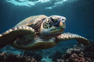 Fototapeta premium Sea turtle swimming under sea. Beautiful underway, tropical wallpaper, generative ai