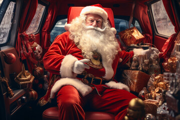 Santa Claus delivers presents. Santa Clause in the car full of gift boxes, Christmas shopping