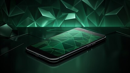 Futuristic communication polygonal 3d smartphone made of linear polygons in dark green color. Online business, it, network, support, services app concept. 