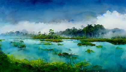 aquarelle environment panorama dense green swamp lianas blue water surface with white fog few grasstufts background mountains with distant dark clouds 