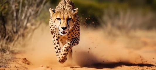 Fototapeten Cheetah (Acinonyx jubatus) running on sand, Savannah South Africa, hunting Concept © chiew