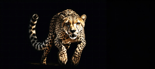 Cheetah (Acinonyx jubatus) running, Isolated on Black Background, Savannah South Africa, hunting Concept