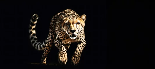 Schilderijen op glas Cheetah (Acinonyx jubatus) running, Isolated on Black Background, Savannah South Africa, hunting Concept © chiew