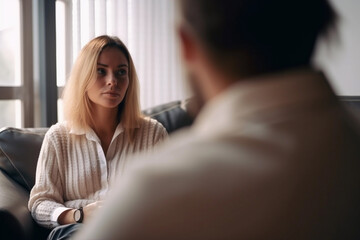 A young woman undergoing a psychotherapy session with a psychologist. Generative Ai.