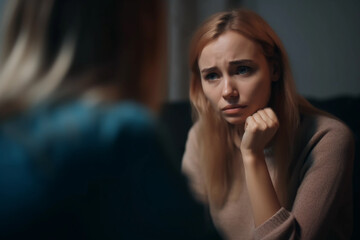 Fototapeta premium Female Psychologist Listening to Young Woman in Personal Session, Depression Treatment. Generative Ai.
