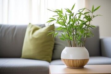 bamboo in a minimalist ceramic pot beside a sofa